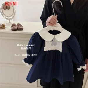 Robe bébé fille style princesse coton polyester broderie lapin manches longues bleu marine dentelle summer dress 46 ans