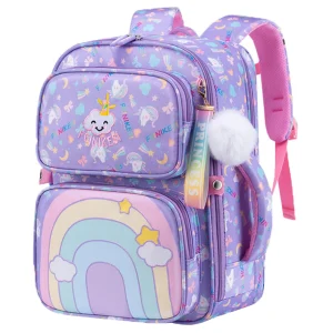 Sac à dos FINKES pour filles violet motifs multicolores zippé bandoulières rembourrées étoiles et nuages cadeau école