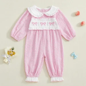 Combinaison bébé fille brodée arc style vintage à manches longues douce confortável idéale pour sommeil et sorties