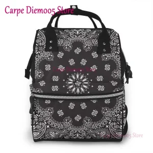 Sac à dos bébé bandana noir motif floral sac à couches grande capacité étanche multicompartment portable style urbain Sac à dos bébé bandana noir motif floral sac à couches grande capacité étanche multicompartment portable style urbain