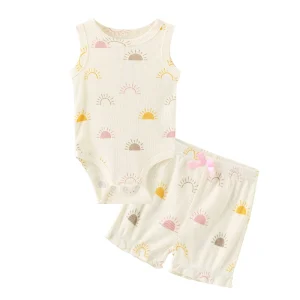 Ensemble bébé coton bimatière motifs soleils manches courtes uni ou fille été printemps Ensemble bébé coton bimatière motifs soleils manches courtes uni ou fille été printemps