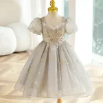 Robe de fête princesse pour enfant fille tulle paillettes motifs dorés occasion spéciale anniversaire soirée