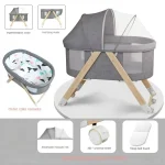 Berceau portable en bois massif pour bébé lit à bascule pliable design moderne tissu respirant moustiquaire incluse 360° roues gris clair