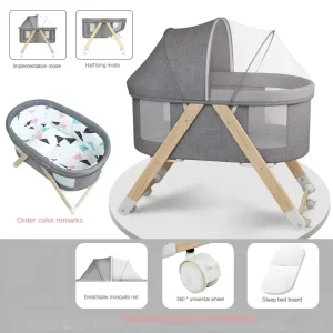 Berceau portable en bois massif pour bébé lit à bascule pliable design moderne tissu respirant moustiquaire incluse 360° roues gris clair Berceau portable en bois massif pour bébé lit à bascule pliable design moderne tissu respirant moustiquaire incluse 360° roues gris clair