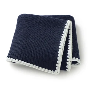 Couverture bébé fille garçon 90x70cm coton cellulaire dentelle bleu marine blanc