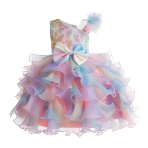 Robe princesse fille arcenciel volants asymétriques bustier ajusté occasions spéciales anniversaire carnaval