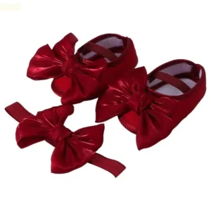 Ballerines filles en satin rouge avec accessoire cheveux nœud élégant tendance bébé fille cadeau anniversaire mariage