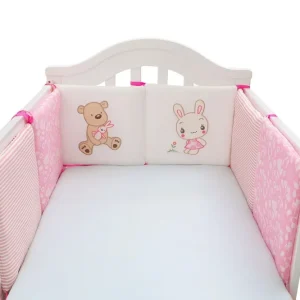 Ensemble de protection pour lit bébé 6 pièces en coton Parechocs anticollision Sécurité berceau Design mignon Bunny Bear Rose et blanc