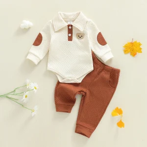 Ensemble bébé 2 pièces barboteuse manches longues pantalon élastique motif ours tissu doux style moderne bébé fille garçon tenue automne hiver Ensemble bébé 2 pièces barboteuse manches longues pantalon élastique motif ours tissu doux style moderne bébé fille garçon tenue automne hiver