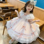 Robe de soirée en dentelle pour filles tenue élégante princesse rose avec nœud vêtements de fête anniversaire enfants 18 ans robe à pompon Lolita été