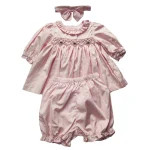 Ensemble robe smockée manches longues bébé fille 12 ans short bandeau coton rose broderie occasionnel et quotidien