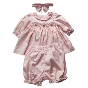 Ensemble robe smockée manches longues bébé fille 12 ans short bandeau coton rose broderie occasionnel et quotidien