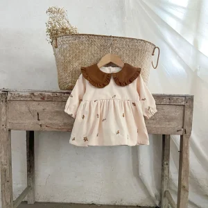 Robe en coton imprimé floral pour bébé fille manches bouffantes col rabattu style rétro élégant automne