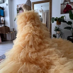 Robe formelle de spectacle de danse 2 pièces haut Corset doré jupe Tulle longue volume taille au sol 2 mètres robe élégante pour femmes