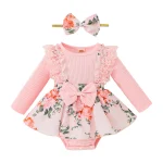 Robe et combinaison bébé fille floral dentelle manches longues nœud assorti