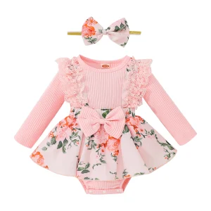 Robe et combinaison bébé fille floral dentelle manches longues nœud assorti Robe et combinaison bébé fille floral dentelle manches longues nœud assorti