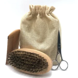 Kit toilettage barbe homme brosse peigne ciseaux sac jute soins cheveux cadeau papa accessoire bébé qualité premium style naturel