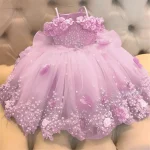 Robe de fête bébé fille en tulle rose avec perles et fleurs occasion spéciale élégante et douce