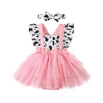 Robe barboteuse fille nouveauné tulle vache manches volantes bandeau été 024 mois