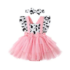 Robe barboteuse fille nouveauné tulle vache manches volantes bandeau été 024 mois