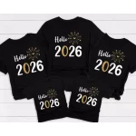 Tshirts famille New Year 2026 Hello 2026 tshirt bébé enfant adulte papa maman tshirt coton noir doré feux d&rsquo;artifice fêtes Nouvel An