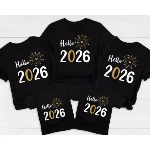 Tshirts famille New Year 2026 Hello 2026 tshirt bébé enfant adulte papa maman tshirt coton noir doré feux d’artifice fêtes Nouvel An Tshirts famille New Year 2026 Hello 2026 tshirt bébé enfant adulte papa maman tshirt coton noir doré feux d’artifice fêtes Nouvel An