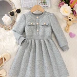 Robe princesse manches longues col rond boutons perles taille cintrée filles 46 ans hiver automne polyester spandex