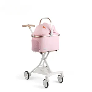 Poussette Légère Pliable pour Bébé Design Moderne Matériau Aluminium 4 Roues Poignée Amovible Tissu Doux Rose Élégant Compact Fournitures Transport