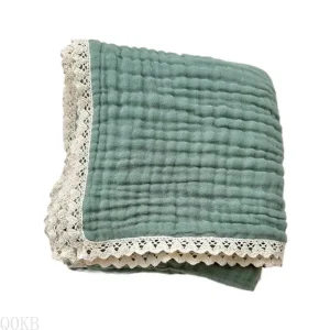 Couverture bébé en dentelle coton gauze 6 couches vert clair pour poussette et lit bébé 105x105cm