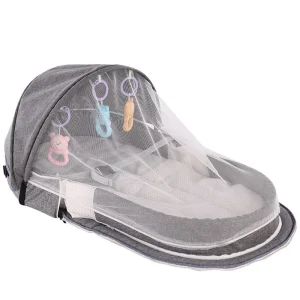 Berceau pliable portable pour bébé avec filet antimoustiques et auvent couffin de voyage compact et sécuritaire design moderne en gris