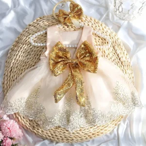 Robe princesse champagne pour nouveauné accessoires incluits robe élégante pour séance photo fêtes et cérémonies style princesse 38 mois