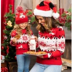 Vêtements assortis maman et fille Noel pull chaud tricot manches longues col rond style décontracté doux et confortable  Rouge