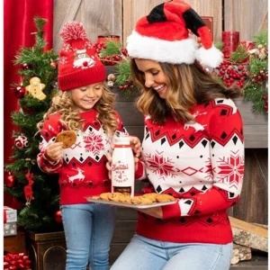 Vêtements assortis maman et fille Noel pull chaud tricot manches longues col rond style décontracté doux et confortable  Rouge