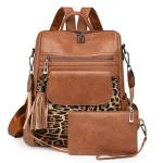 Sac à dos PU leopard print ajustable compartiment principal et pochette détachable style moderne usage quotidien