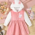 Robe mignonne bébé fille automne hiver lapin capuche rose peluche douce chaude