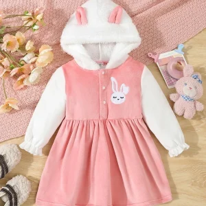 Robe mignonne bébé fille automne hiver lapin capuche rose peluche douce chaude Robe mignonne bébé fille automne hiver lapin capuche rose peluche douce chaude