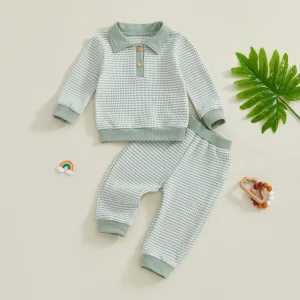 Tenue bébé garçon 2 pièces coton texture côtelée manches longues élastique quotidien style moderne
