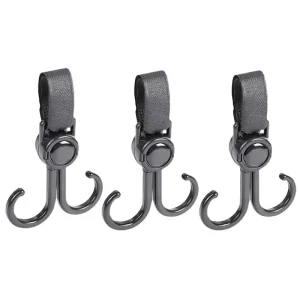 Crochet universel bébé suspension poussette sac à langer support voiture moto 3 crochets rotatifs nylon noir montage facile sécurité enfants