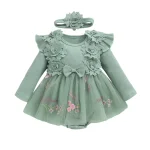 Robe barboteuse fille floral tulle dentelle manches longues col rond occasion spéciale nouveauné 02 ans