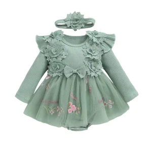 Robe barboteuse fille floral tulle dentelle manches longues col rond occasion spéciale nouveauné 02 ans Robe barboteuse fille floral tulle dentelle manches longues col rond occasion spéciale nouveauné 02 ans