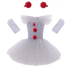 Ensemble de costume de clown pour filles robe en tulle blanc gants pinces à cheveux Halloween cosplay accessoires incluits style élégant qualité premium