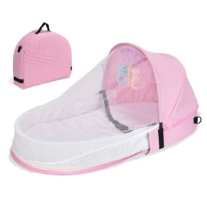 Bassinet pliable multifonction pour bébé moustiquaire intégrée lit portable rose incluant jouets suspendus et housse de transport