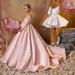 Robes de demoiselle d’honneur personnalisées pour filles robes de première communion en satin doux fête de mariage rose anniversaire Robes de demoiselle d’honneur personnalisées pour filles robes de première communion en satin doux fête de mariage rose anniversaire