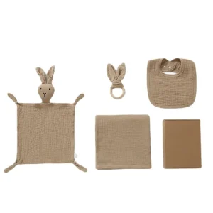 Ensemble bébé 5 pièces doux et minimaliste doudou lapin anneau dentition bavoir carré tissu cadeau nouveauné 012 mois beige neutre