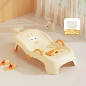 Chaise de bain pliable pour bébé transat bébé tabouret de bain réglable sécurité bébé drainage poignées renforcées jaune et orange style enfantin motifs lapin