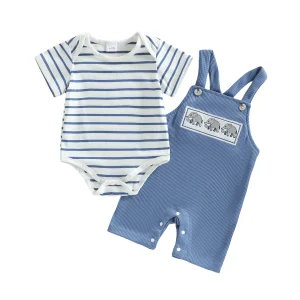 Tenue d&rsquo;été bébé garçon body rayé court et salopette éléphant