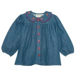 Robe fille FLS style mignon motifs fraises manches longues collier rouge blouse denim bébé fille 46 ans