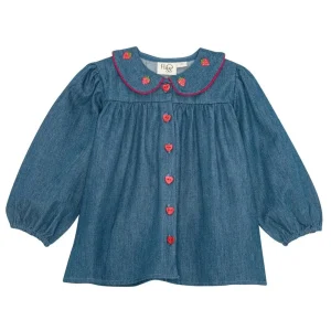 Robe fille FLS style mignon motifs fraises manches longues collier rouge blouse denim bébé fille 46 ans