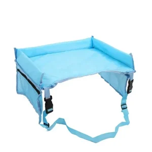 Table de rangement sécurisée pour siège voiture bébé rangement snacks jouets portable fixations intégrées support dessin coloris bleu clair pratique pour poussette et sac à langer