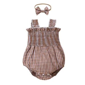Barboteuse à carreaux sans manches combinaison bébé fille body frills été bow headband style campagnard